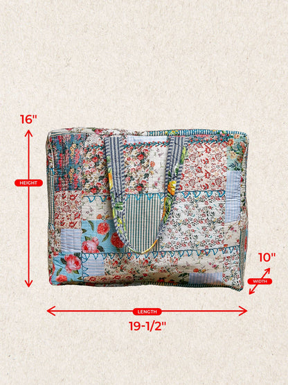 Trompe L’oeil Patchwork Structured Quilted Tote Bag: IVORY/BLUE / Os