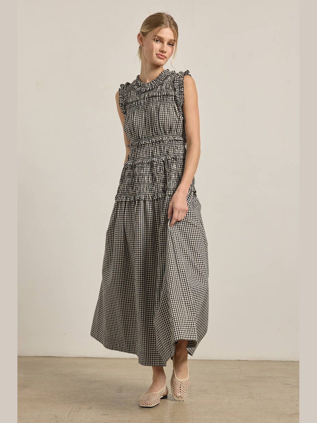 Smocked Gingham Maxi Dress: BLACK GINGHAM