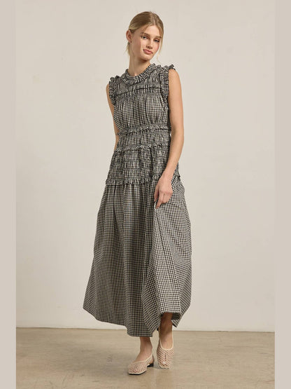 Smocked Gingham Maxi Dress: BLACK GINGHAM