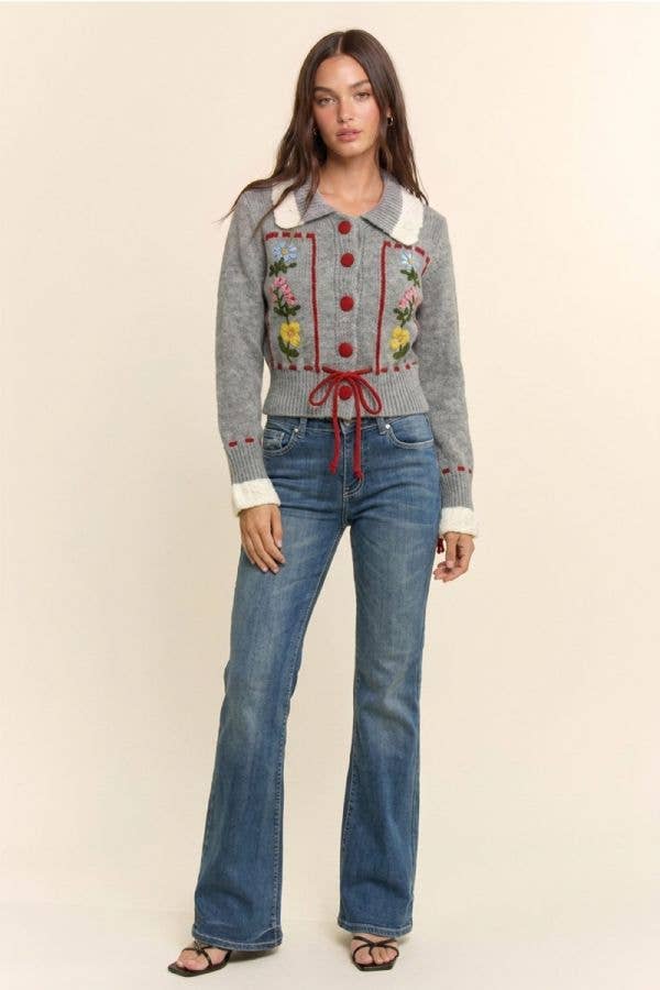Floral Embroidered Collared Cardigan: Gray