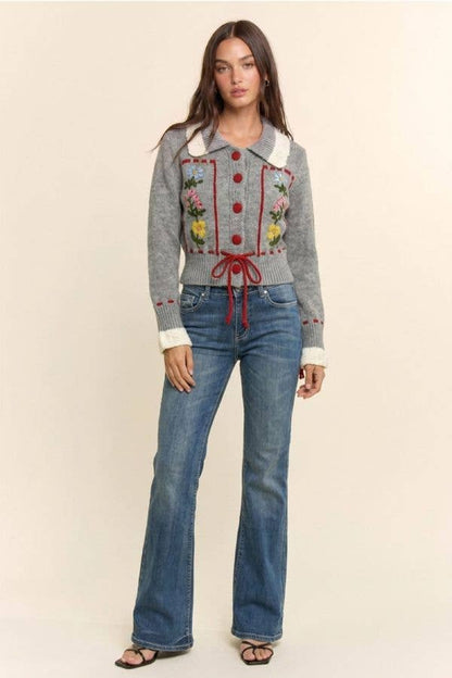 Floral Embroidered Collared Cardigan: Gray