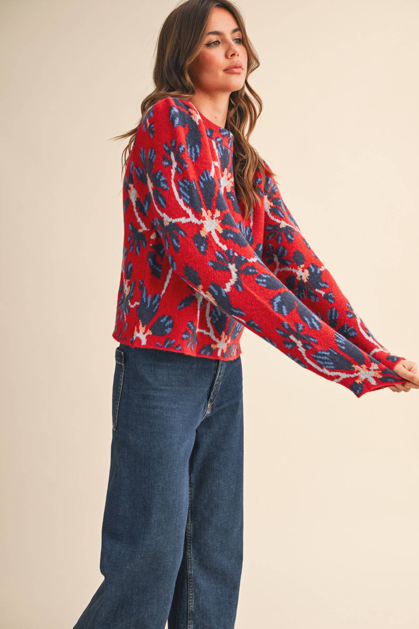 FLORAL MOCK NECK SWEATER: RED NAVY
