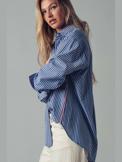 Striped Twill Tape Detail Statement Button Shirt: NAVY STRIPE