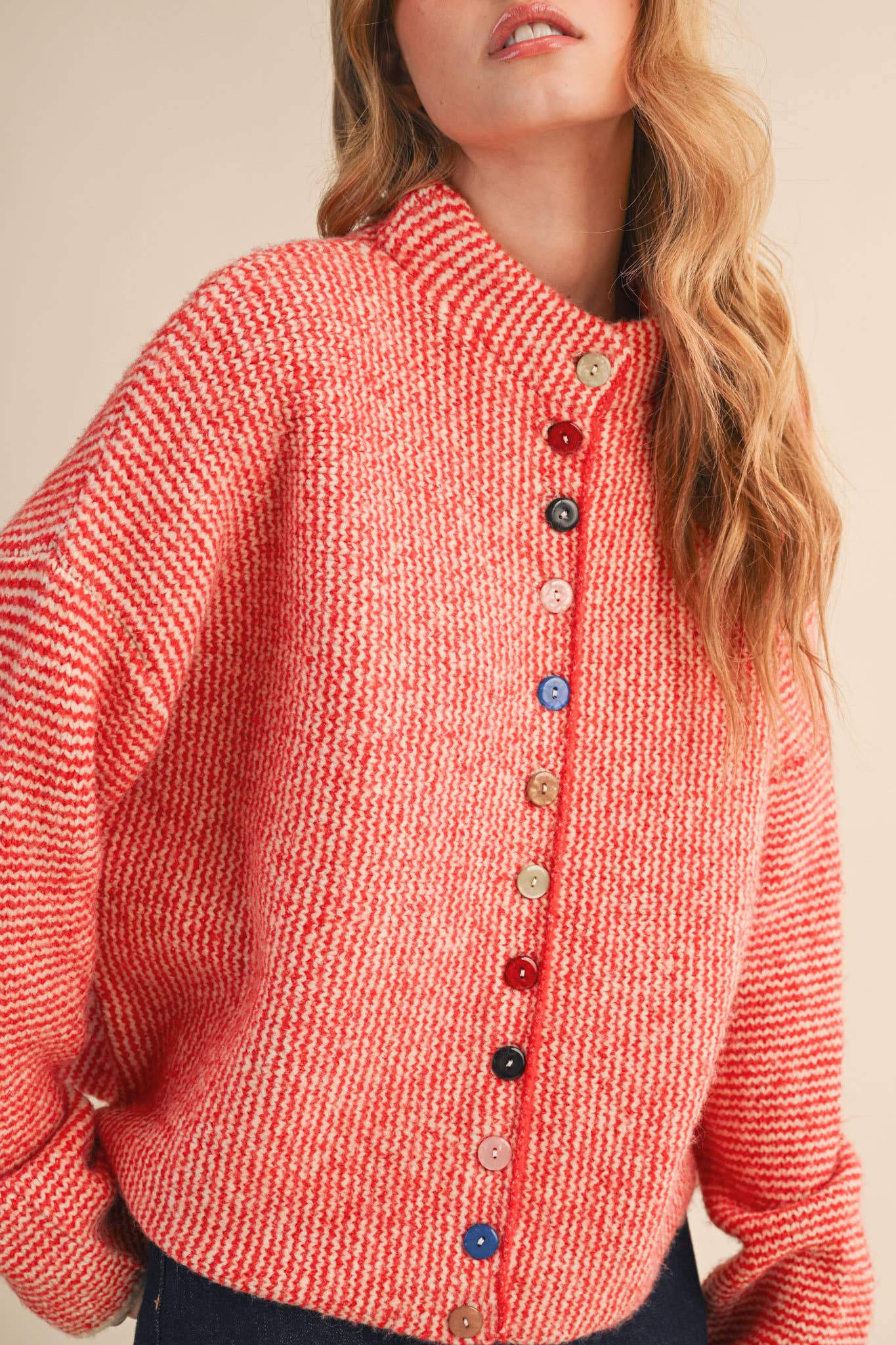 STRIPED SWEATER CARDIGAN WITH COLORFUL BUTTONS MSW11250: IVORY RED / L