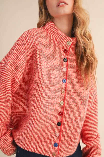 STRIPED SWEATER CARDIGAN WITH COLORFUL BUTTONS MSW11250: IVORY RED / L