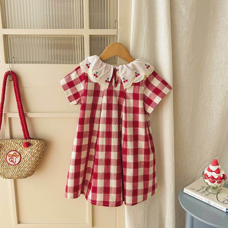 Summer Arrival Baby Girls Short Sleeves Cherry and Plaid Pattern Dress: Red / 100 (2-3Y)