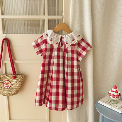 Summer Arrival Baby Girls Short Sleeves Cherry and Plaid Pattern Dress: Red / 100 (2-3Y)