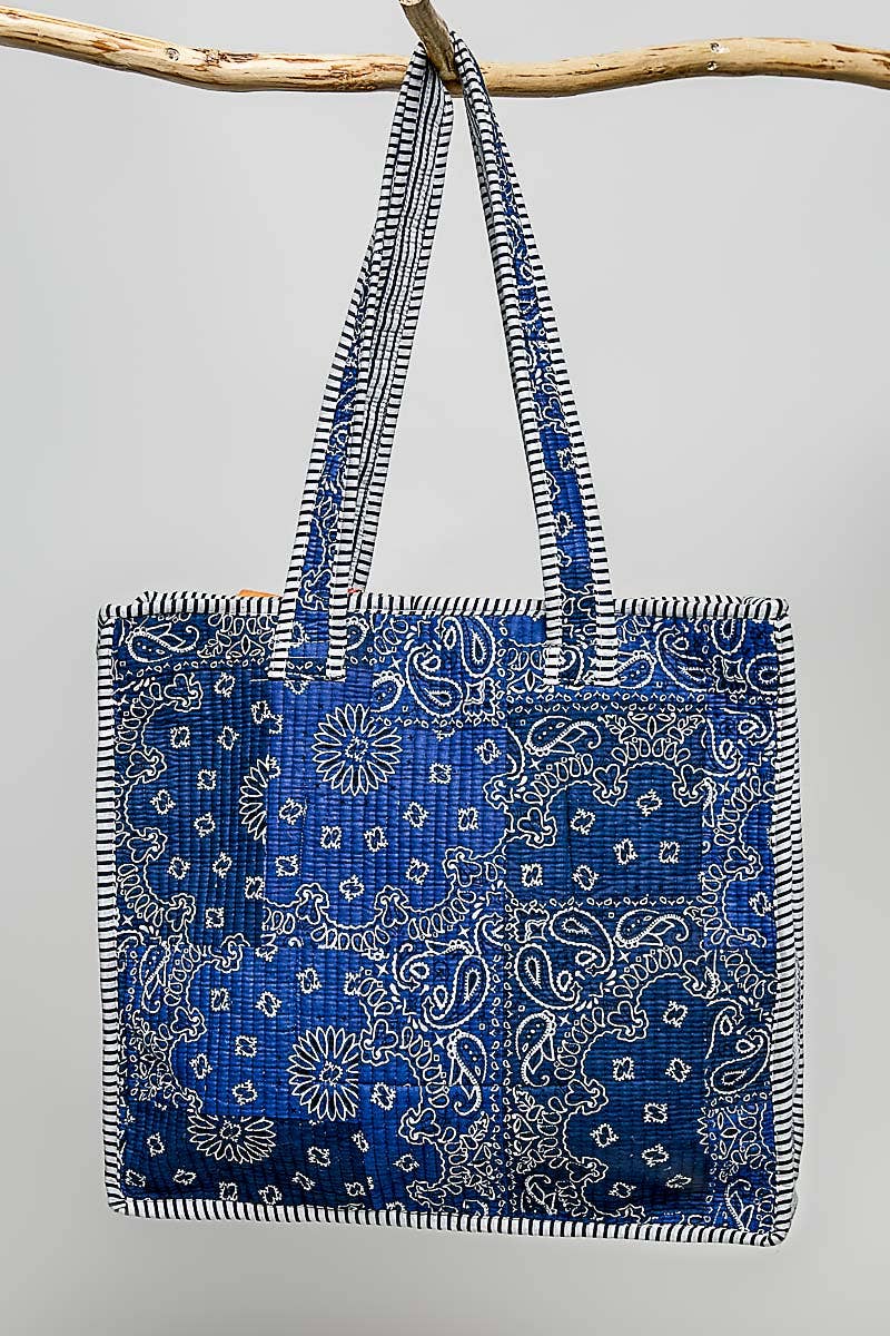Quilted Indigo Paisley LOVE Tote Bag: INDIGO PAISLEY / OS