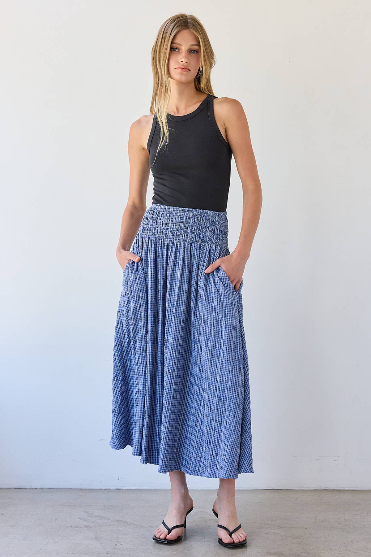 Smocked Waist Check Midi Skirt - RS1092: BLUE CHECK / S-M-L (3-2-1)