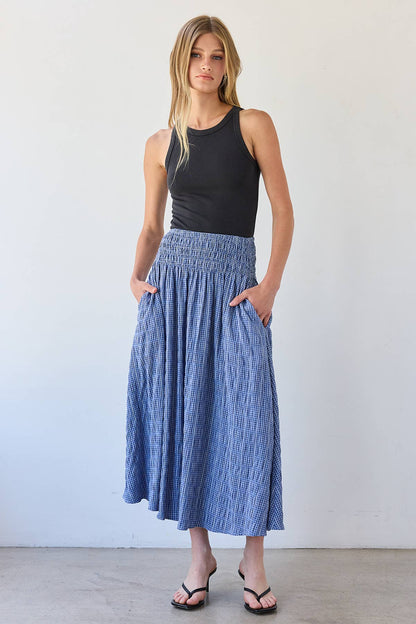 Smocked Waist Check Midi Skirt - RS1092: BLUE CHECK / S-M-L (3-2-1)