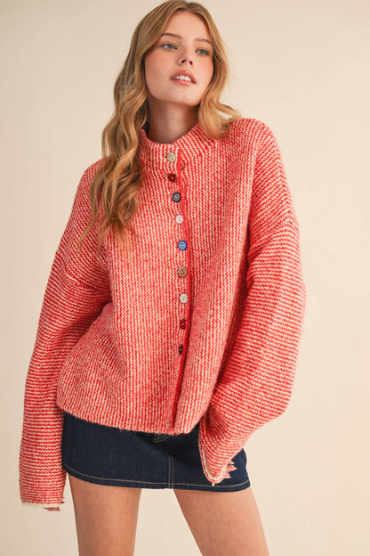 STRIPED SWEATER CARDIGAN WITH COLORFUL BUTTONS MSW11250: IVORY RED / L