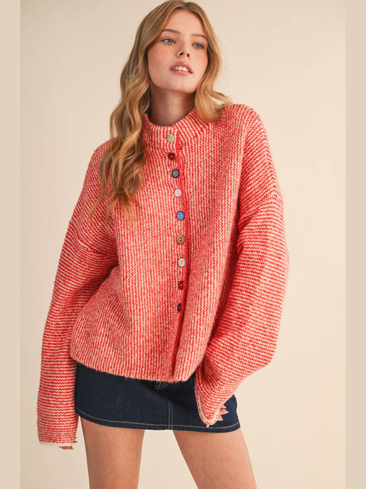 STRIPED SWEATER CARDIGAN WITH COLORFUL BUTTONS: IVORY RED