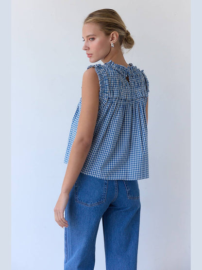 GINGHAM RUFFLE BLOUSE : Blue