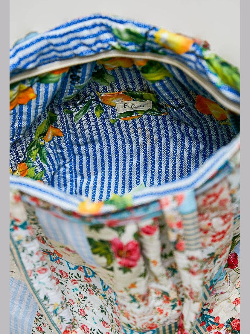 Quilted Patchwork Print Shoulder Tote Bag: IVORY/BLUE / Os
