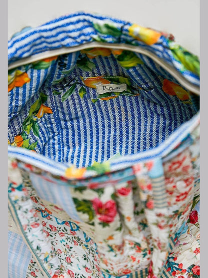Quilted Patchwork Print Shoulder Tote Bag: IVORY/BLUE / Os