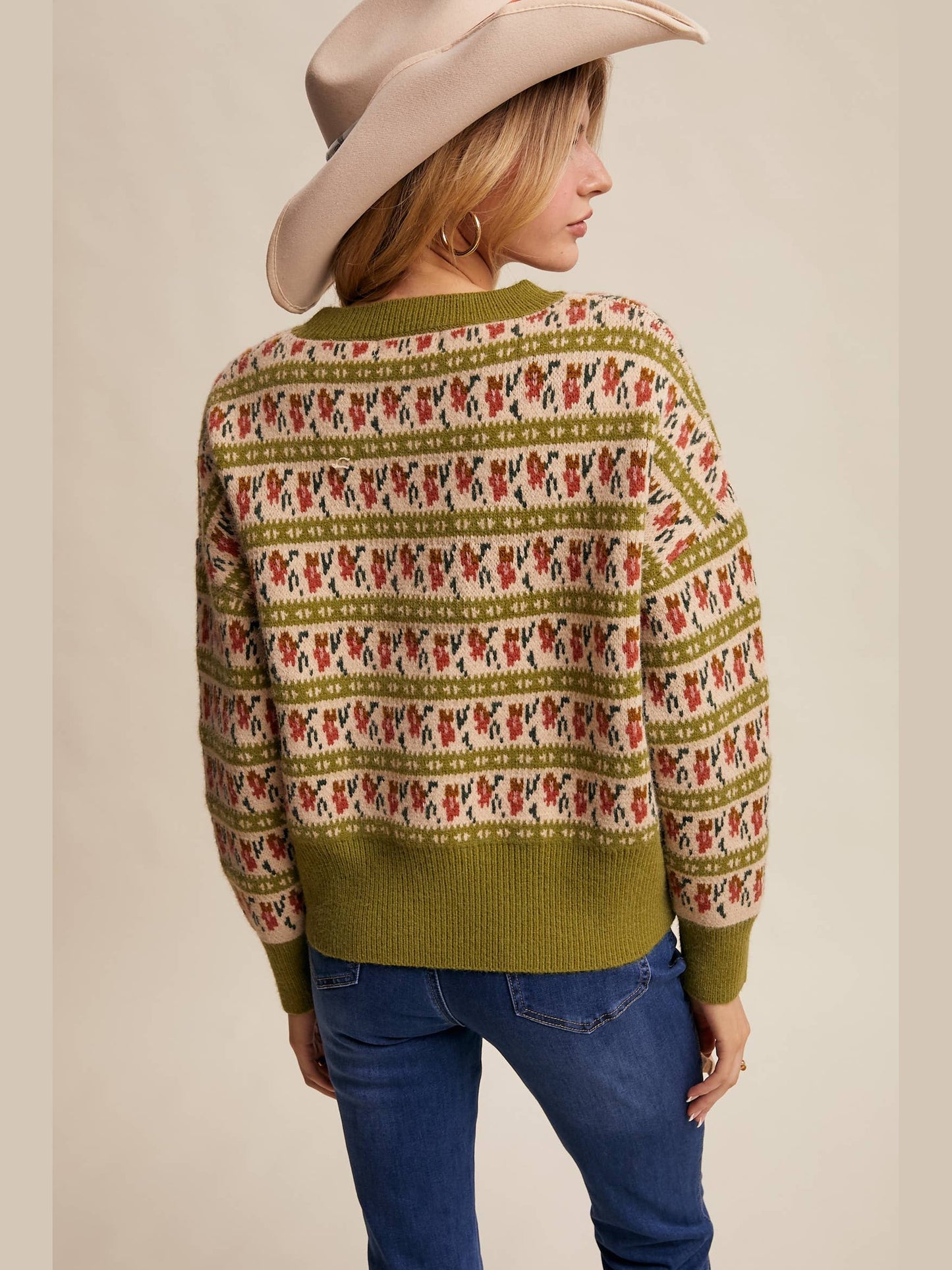 Floral Knit Sweater: Vintage Green