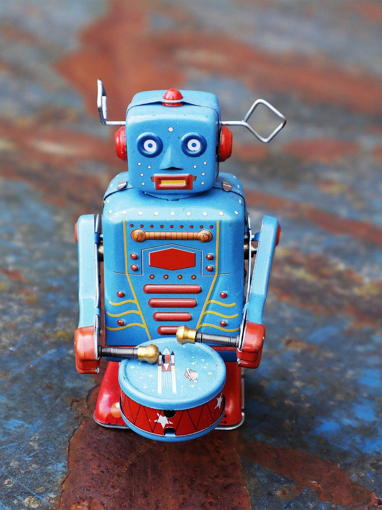 Robot robot with drum blue sheet metal robot tin toy