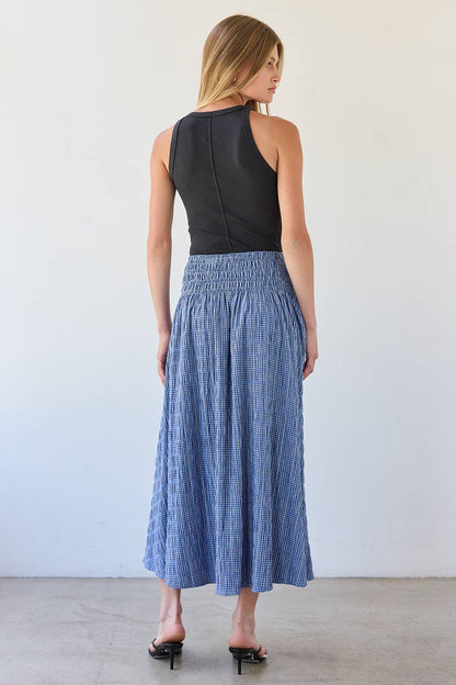Smocked Waist Check Midi Skirt - RS1092: BLUE CHECK / S-M-L (3-2-1)