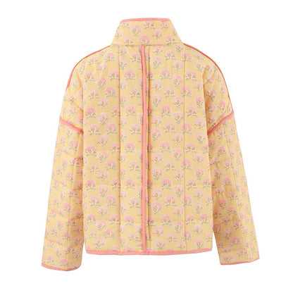 Floral Print Versatile Loose Quilted Jacket: Yellow