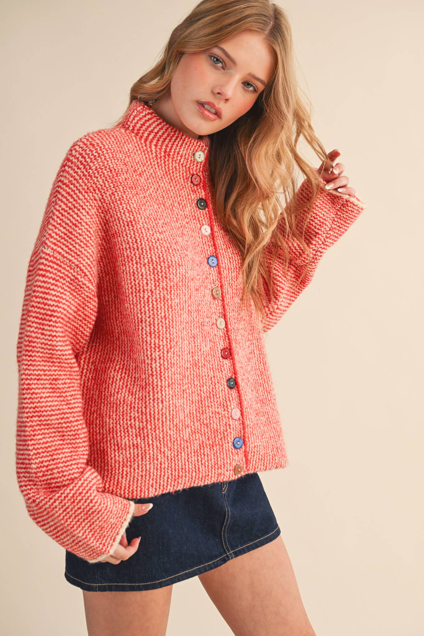STRIPED SWEATER CARDIGAN WITH COLORFUL BUTTONS MSW11250: IVORY RED / L