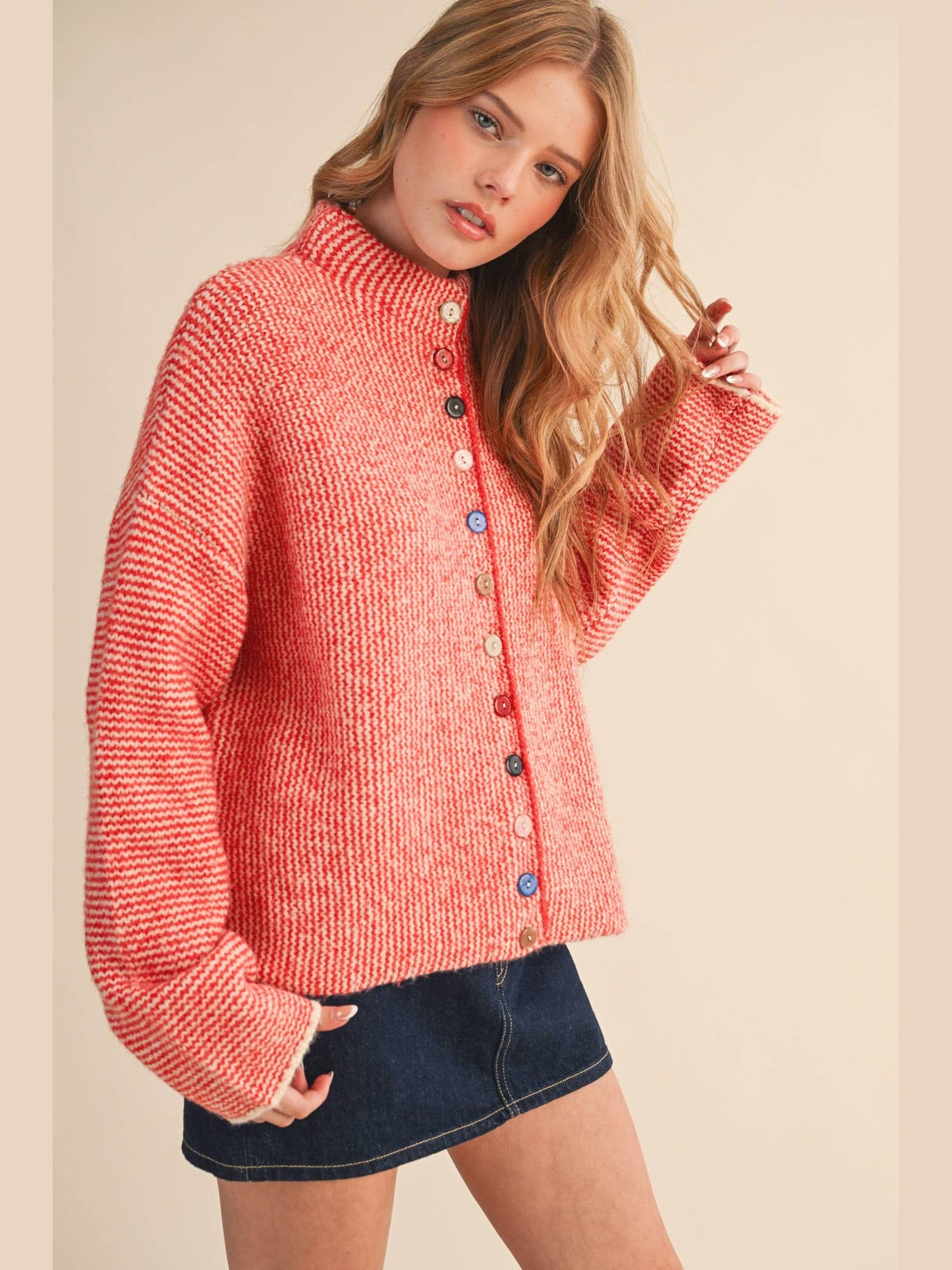 STRIPED SWEATER CARDIGAN WITH COLORFUL BUTTONS: IVORY RED