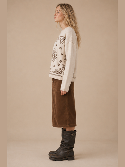 SA10162T - Western Bandana Jacquard Crewneck Sweater: Brown / M/L