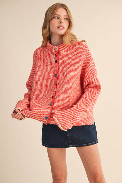 STRIPED SWEATER CARDIGAN WITH COLORFUL BUTTONS MSW11250: IVORY RED / L