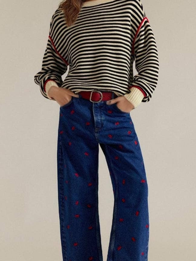 Striped Boat‑Neck Sweater with Red Accent Trim: Beige