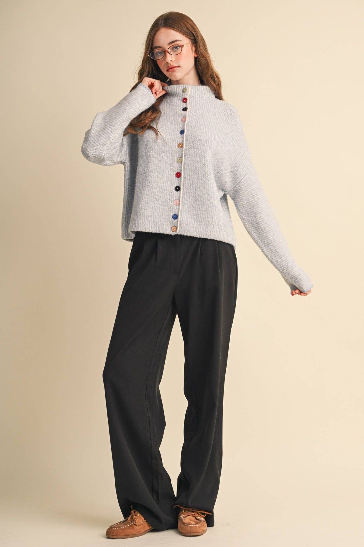 STRIPED SWEATER CARDIGAN WITH COLORFUL BUTTONS: POWDER BLUE