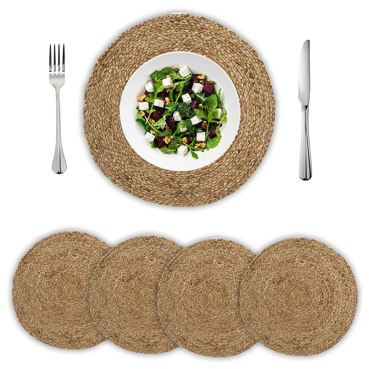 Natural Jute Hand Braided Round Placemats, Set of 4- 15 Inch diameter