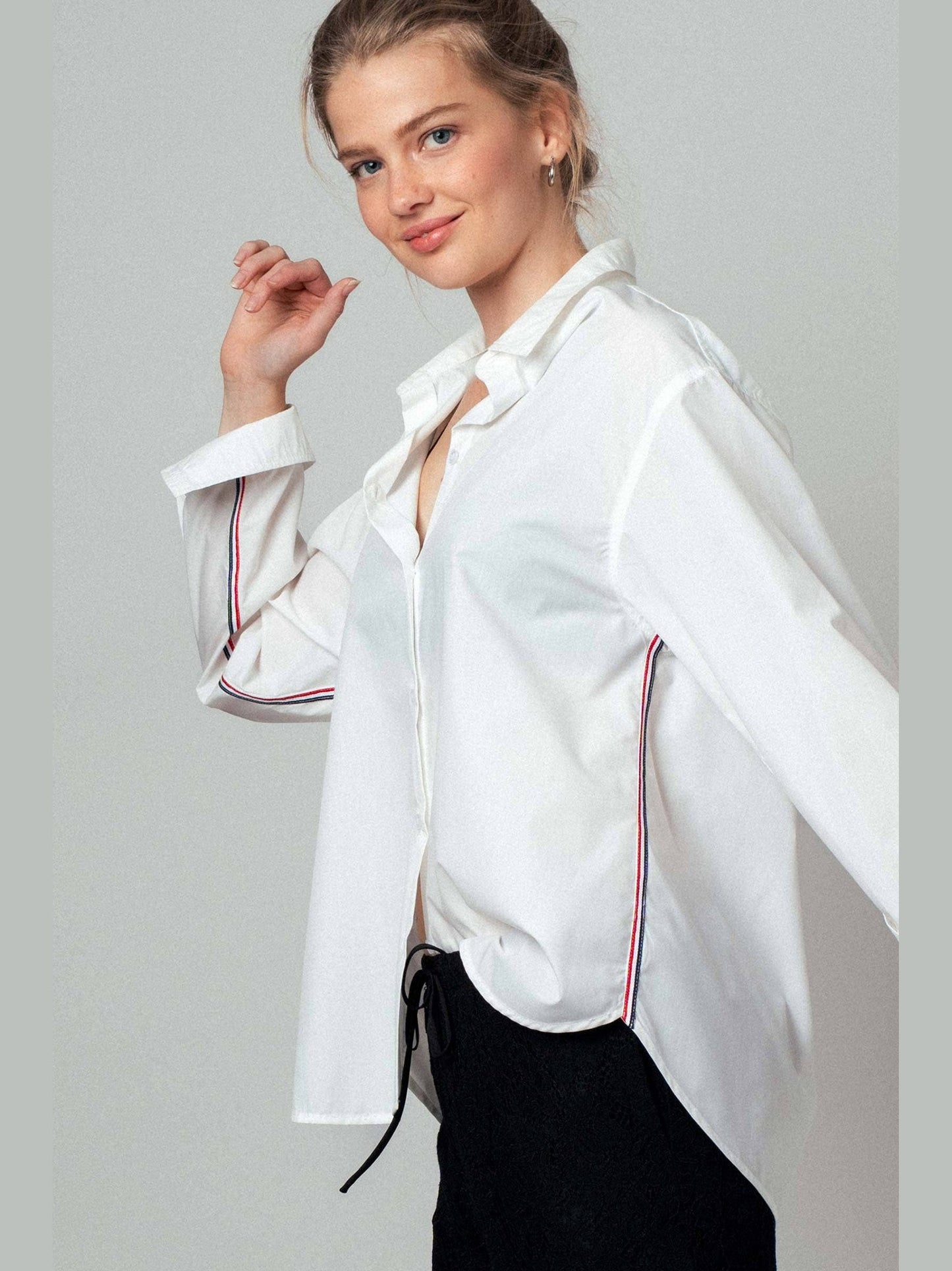 Striped Twill Tape Detail Statement Button Shirt: WHITE / S-2/M-2/L-2