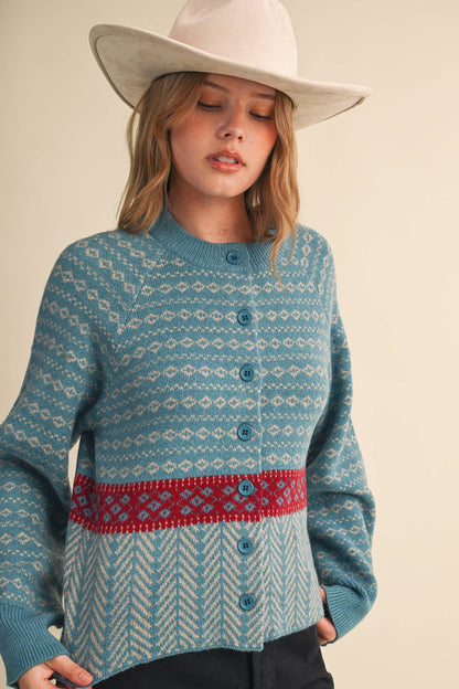 GEOMETRIC KNIT BUTTON UP SWEATER CARDIGAN: PEACOCK CREAM