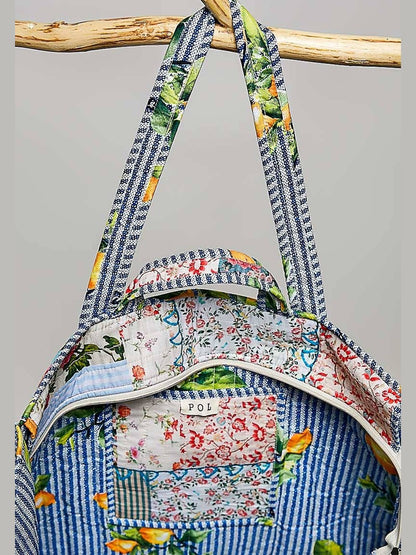 Blue-Bound Artisanal Illusion Patchwork Shopper Bag: IVORY/BLUE / Os