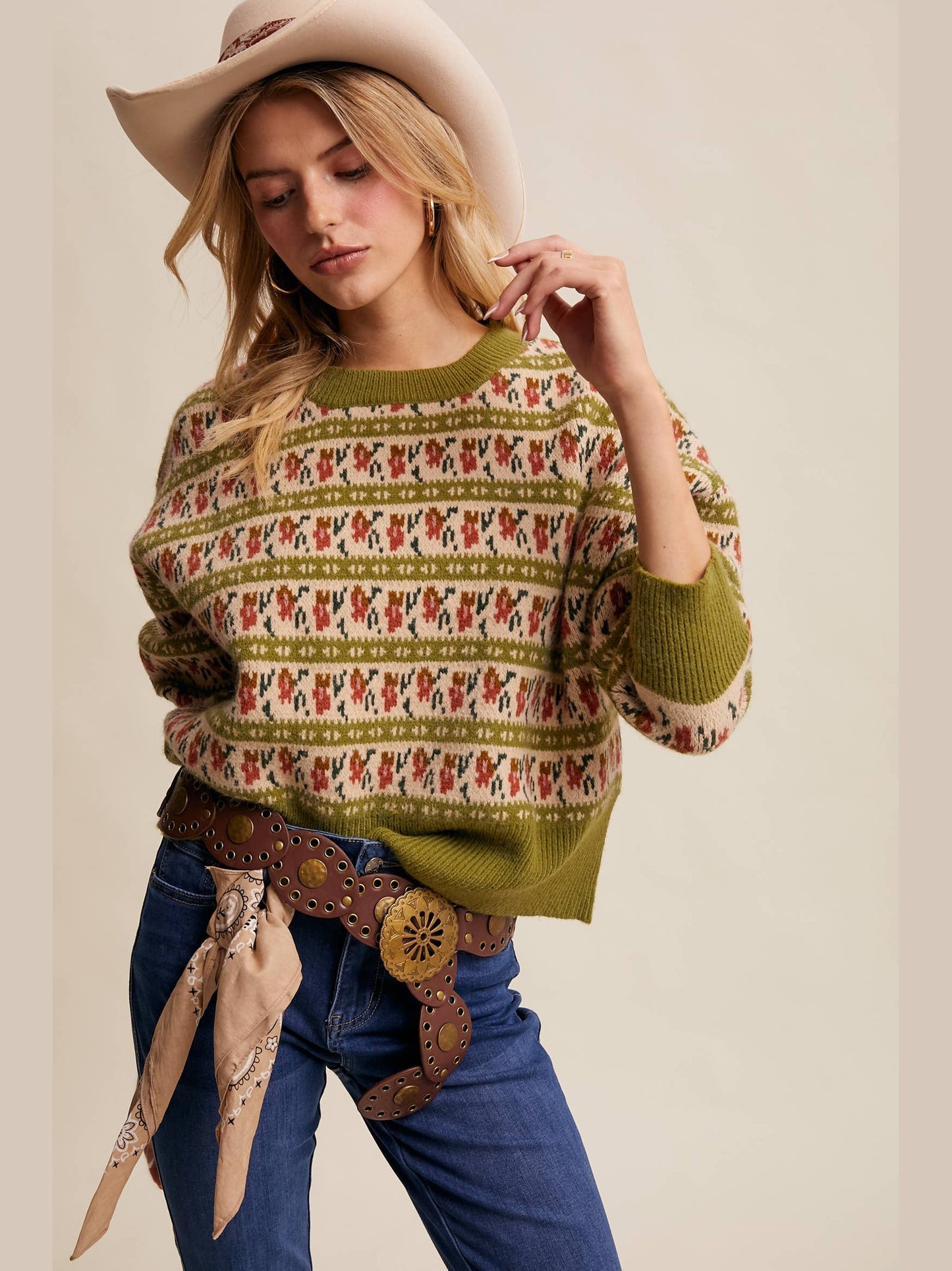 Floral Knit Sweater: Vintage Green