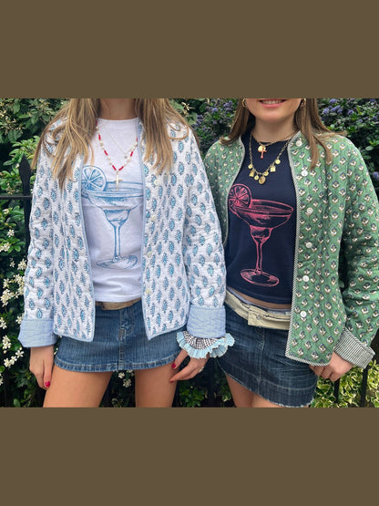 Stylish Reversible Flowers Quilted Jacket: Blue