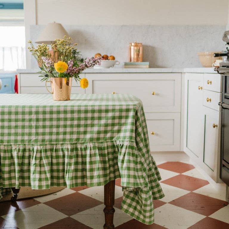 Moss Ruffled Gingham Tablecloth: 60"x150"