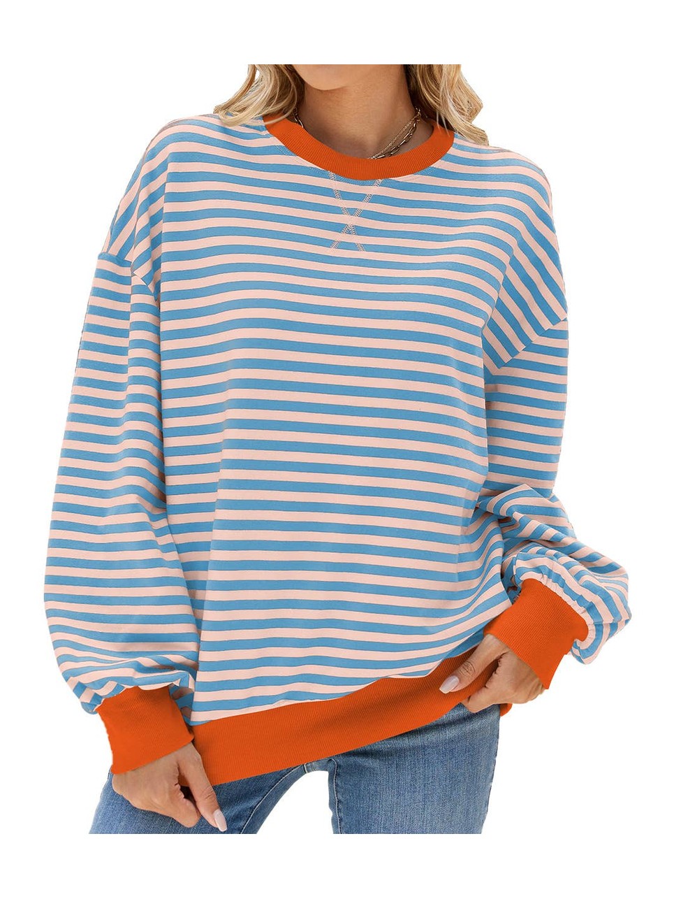 Classic Striped Oversized Crewneck Sweatshirt: Blue-Small