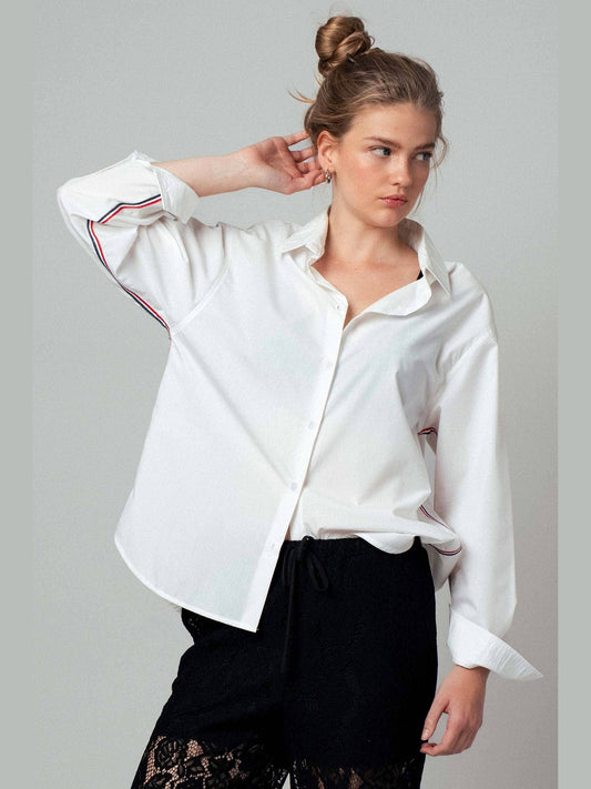 Striped Twill Tape Detail Statement Button Shirt: WHITE / S-2/M-2/L-2