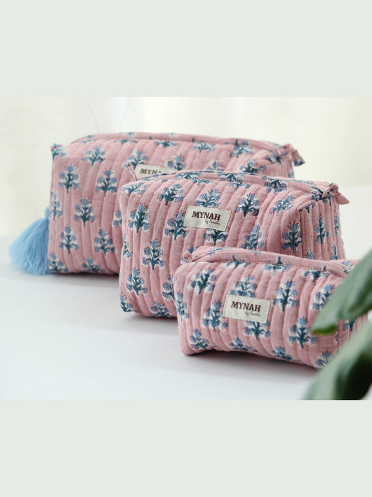 Dusty pink bluefloral travel/make up/organizer/ bag-Set of 3