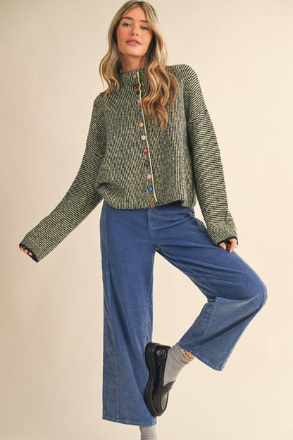 STRIPED SWEATER CARDIGAN WITH COLORFUL BUTTONS MSW11250: NATURAL GREY / L
