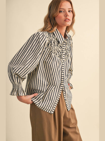 STRIPED BUTTON UP TOP WITH DIAMOND SMOCKED YOKE MTP5183: DENIM BLUE STRIPE / L