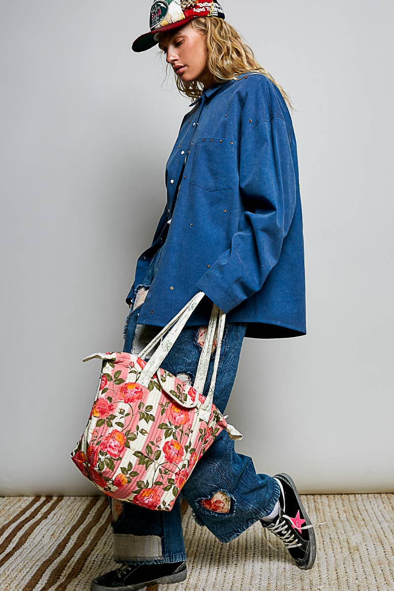 Quilted Floral Rose Print Vintage Crafted Tote Bag: PINK MULTI