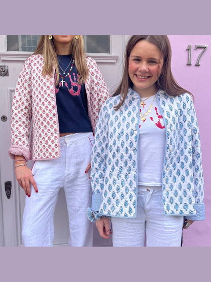 Stylish Reversible Flowers Quilted Jacket: Blue