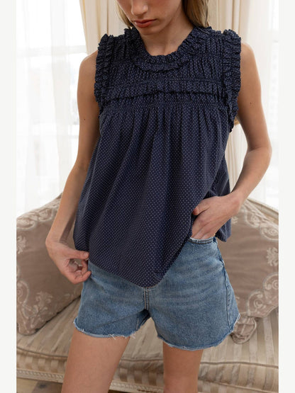 Navy Dotted Ruffle Sleeveless Blouse: NAVY