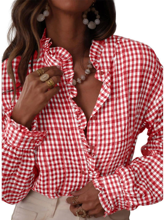 Gingham Check Plaid Ruffled Detail Shirt Blouse
