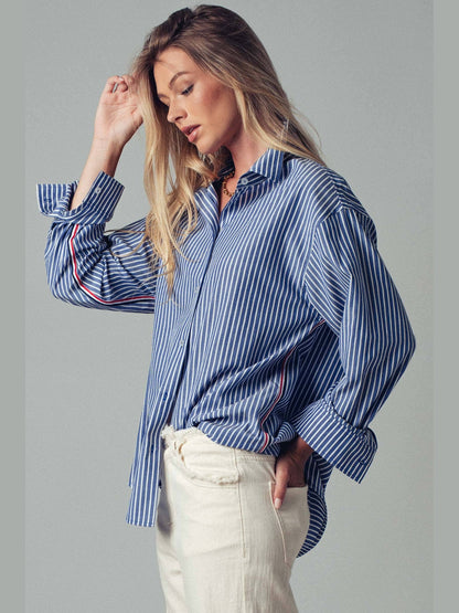 Striped Twill Tape Detail Statement Button Shirt: NAVY STRIPE