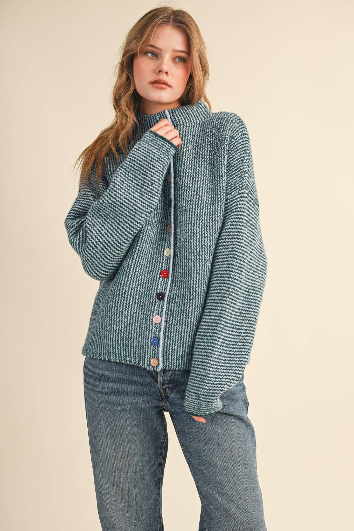 STRIPED SWEATER CARDIGAN WITH COLORFUL BUTTONS MSW11250: IVORY RED / L