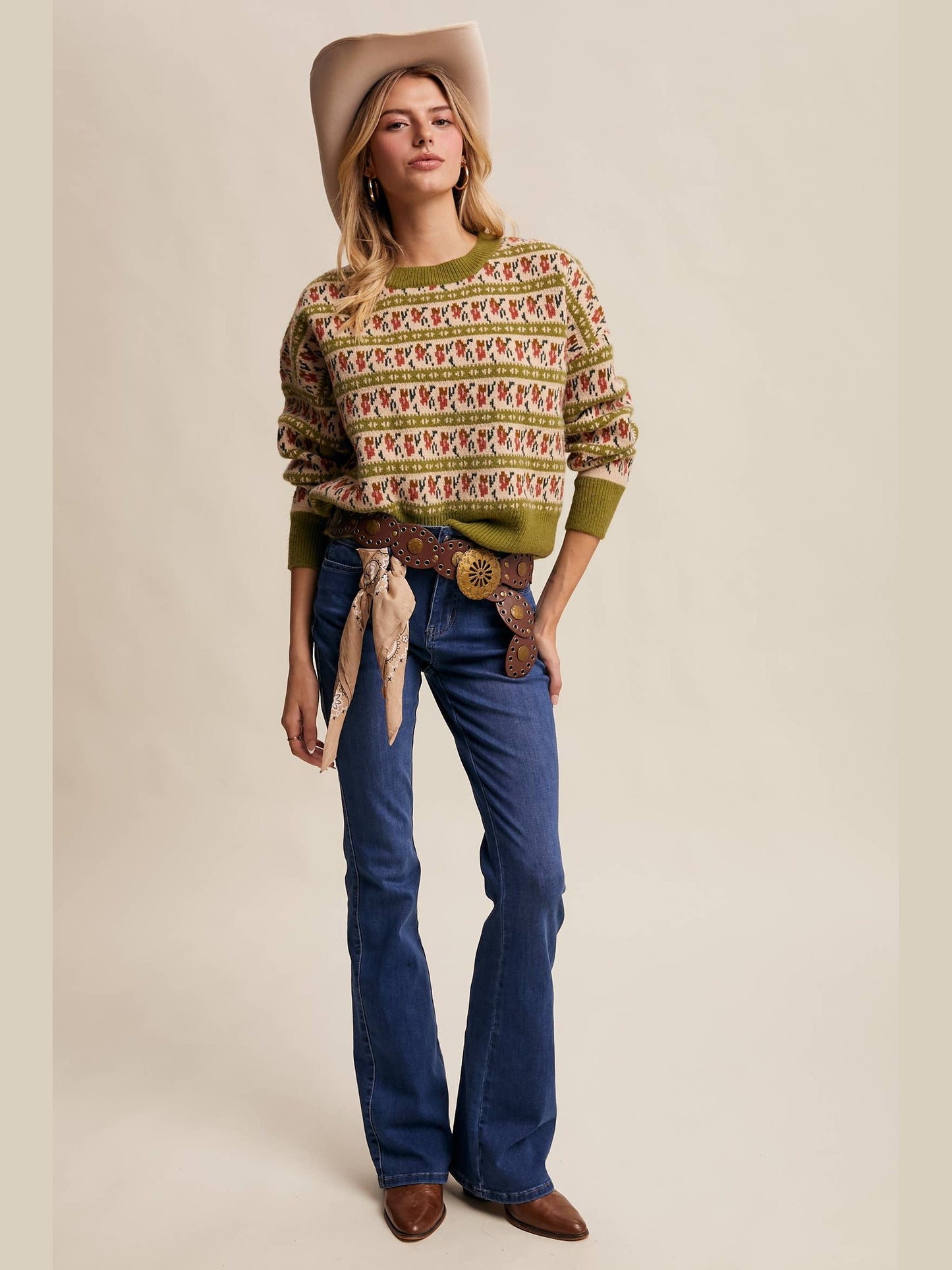 Floral Knit Sweater: Vintage Green