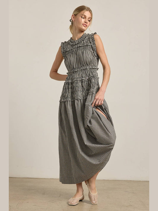 Smocked Gingham Maxi Dress: BLACK GINGHAM