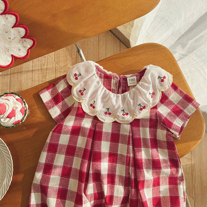 Summer Arrival Baby Girls Short Sleeves Cherry and Plaid Pattern Dress: Red / 100 (2-3Y)